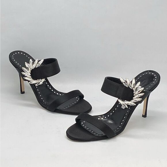 Manolo Blahnik Chivela 90MM Crystal-Embellished Satin Sandals - Picture 1 of 11